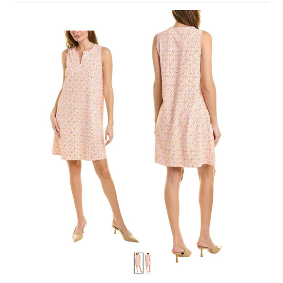 J McLaughlin Shift Dress Womens L Orange White Geo Print Split V Neck Pullover - Picture 1 of 10